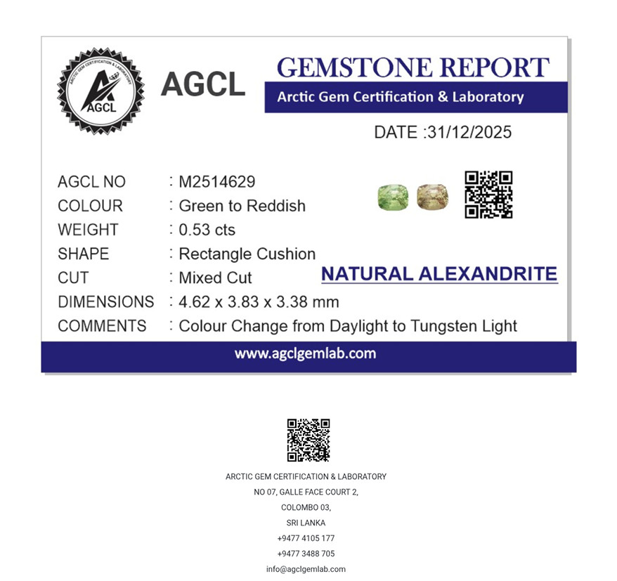 Certified Natural Ceylon Alexandrite 0.53 Ct Green to Reddish Color Change AGCL