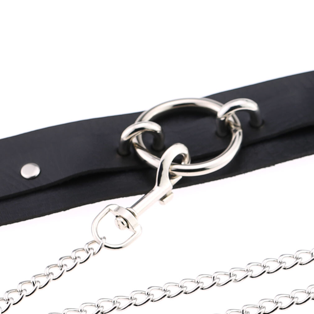 Leather Choker Collar with Chain Leash Set Cosplay Necklace Gothic Punk O-ring