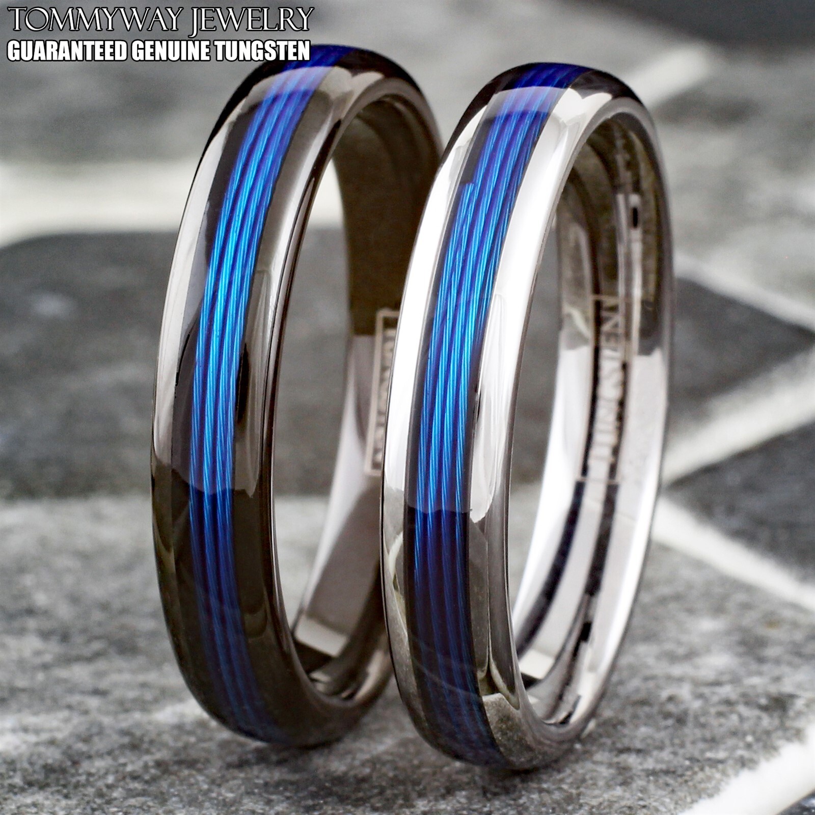 Tungsten Carbide Blue Fishing Line Thin Plain Band – Black or Silver