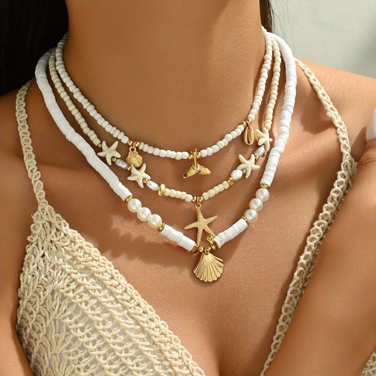 Three Layer Seed Pearl Necklace Shell Starfish Fish Tail Alloy Pendant Necklace