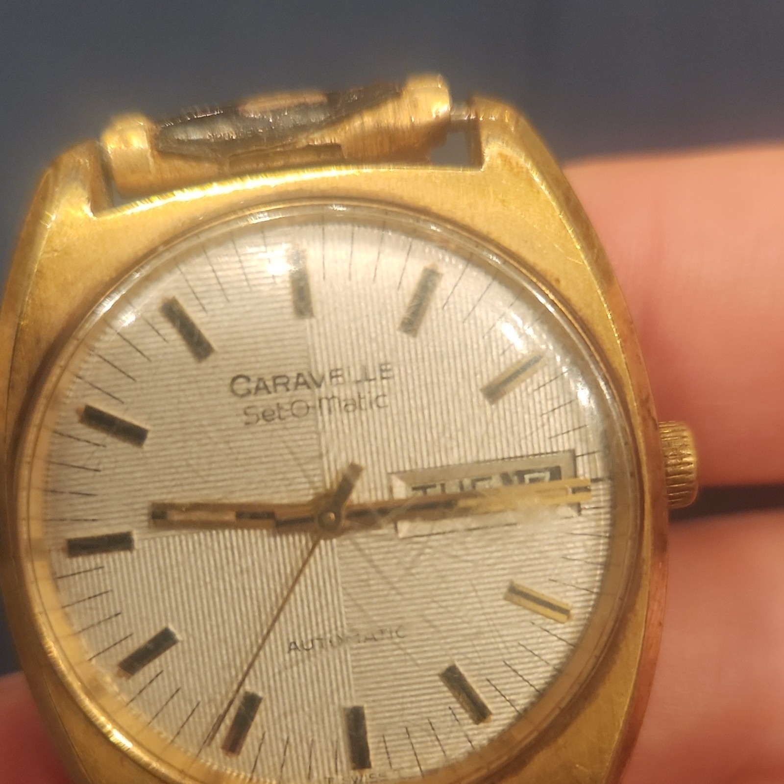 Caravelle Set-O-Matic Men’s Automatic Day/Date Gold Tone Brown Leather Watch