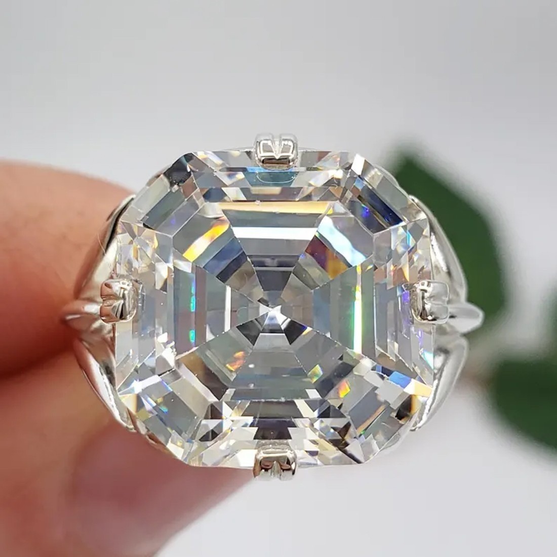 Rare 12.20 Ct Certified Asscher White Treated Diamond Solitaire Ring 925 Silver