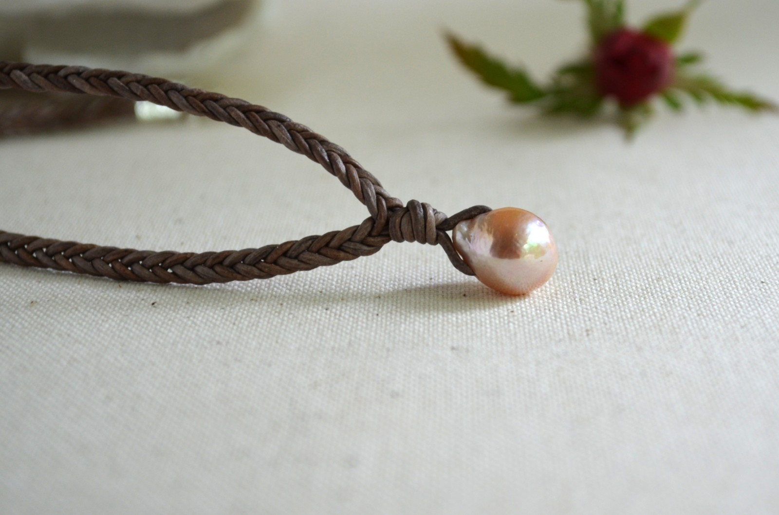 Edison Pearl Necklace Pink 12x15mm Braided Leather Cord Minimalist Pendant 16″