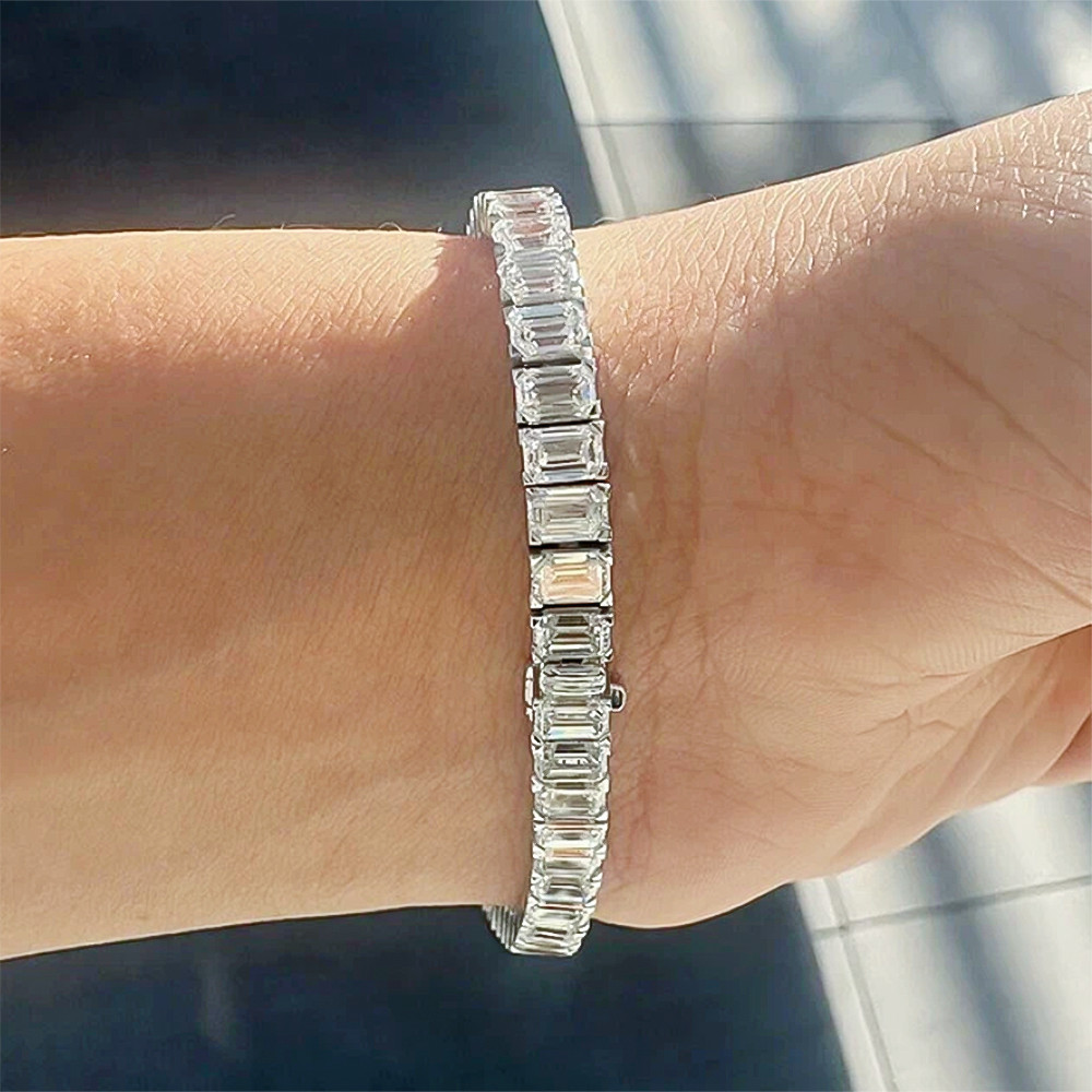 Lab Grown Diamond Tennis Bracelet 12Ct Emerald Cut 14k White Gold Unique Women