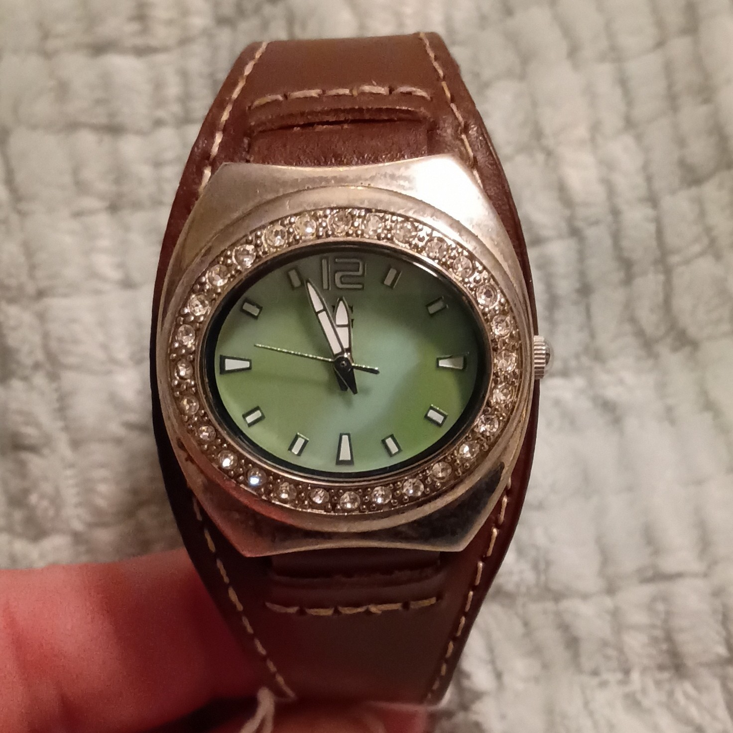 Round Analog Wristwatch, Green Dial Brown Leather Band Silver Case Baton Indexes