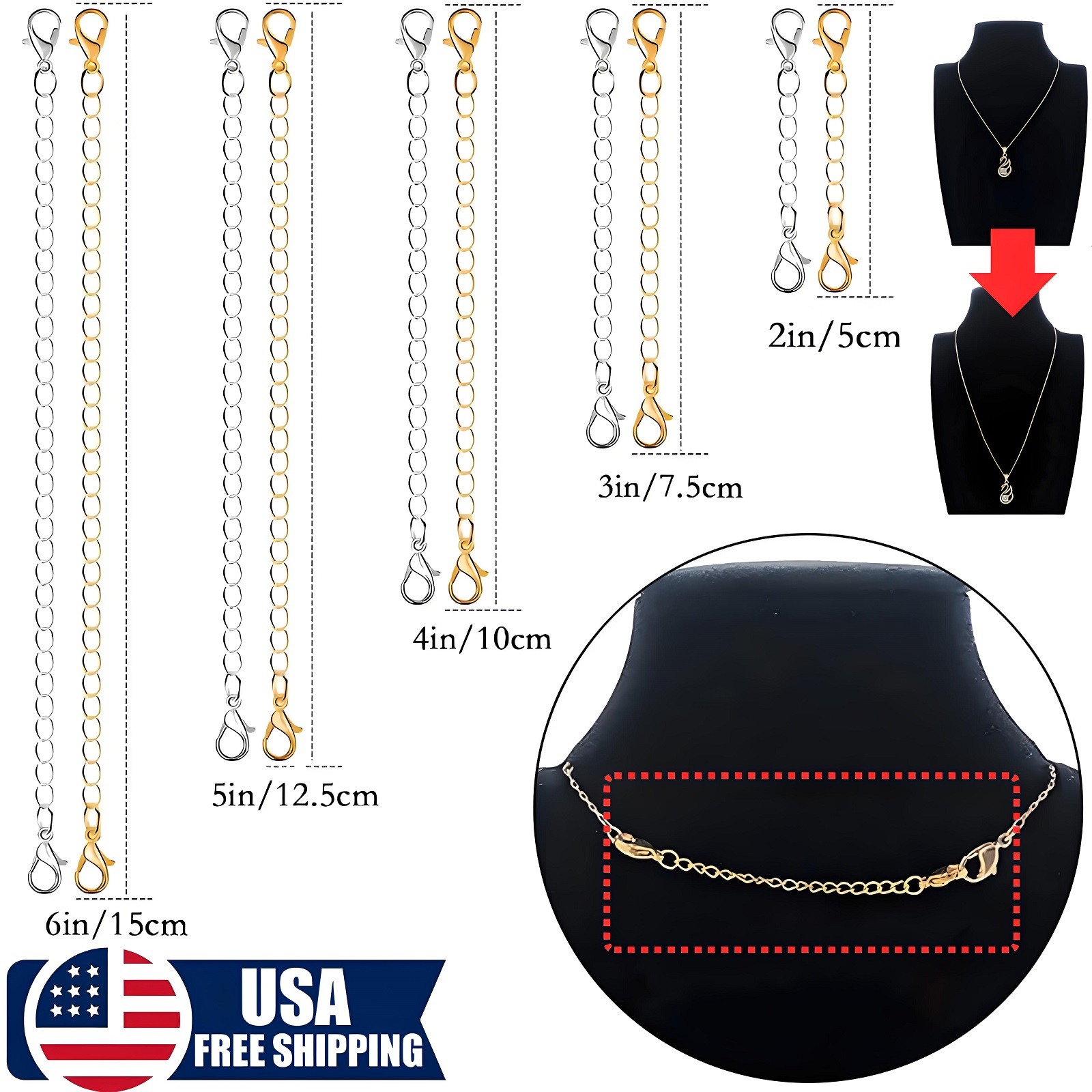 10× Stainless Steel Necklace Bracelet Extender Chain Extenders Silver/Gold 2″-6″