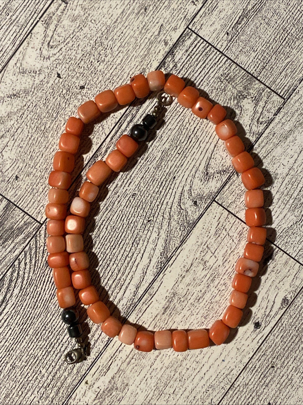 Salmon Bamboo Coral Cube Sterling Silver Closure 18” Bead Necklace Boho