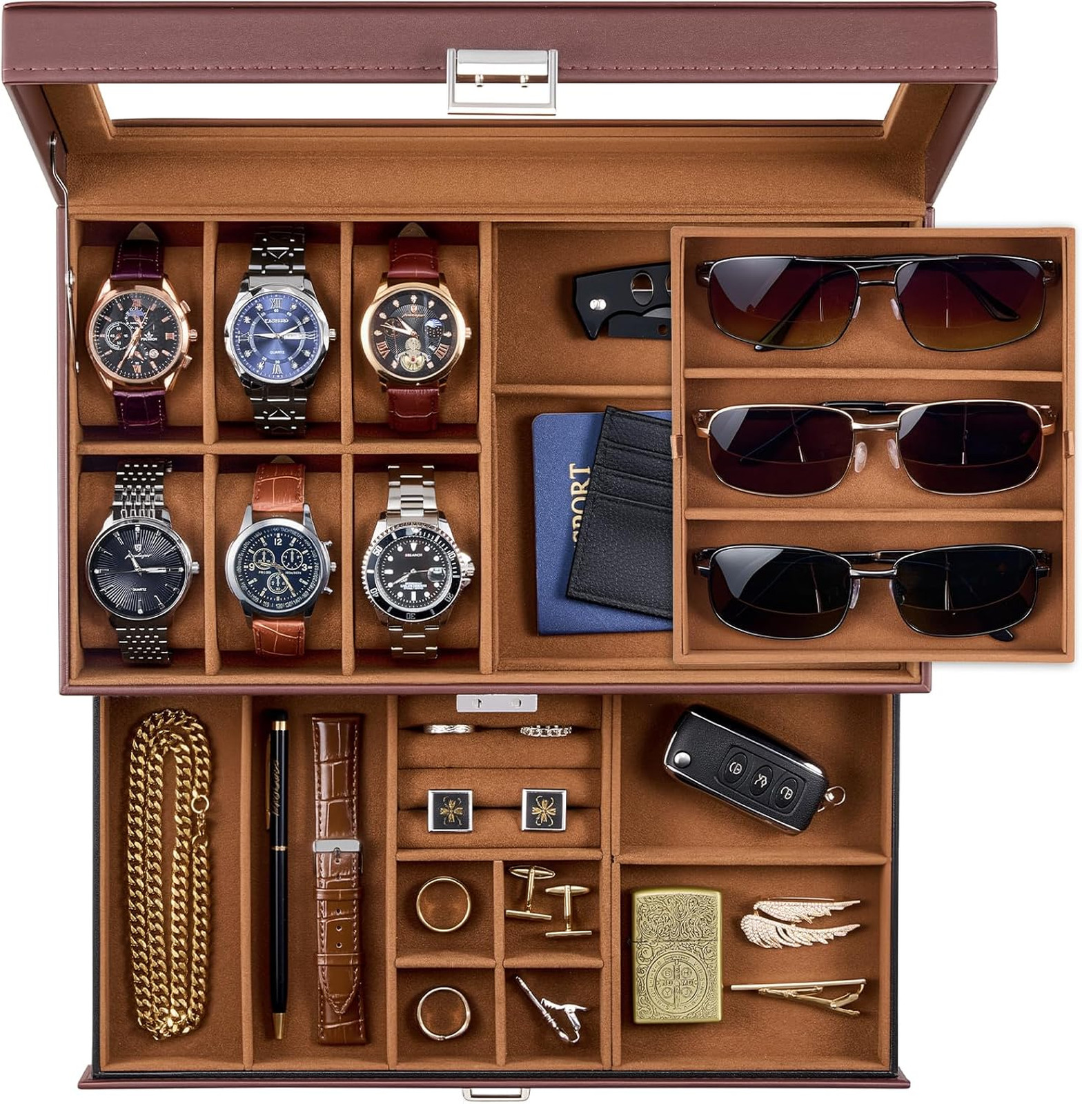 Mens Jewelry Box with Lockable 6 Slot Watch and 3 Slot Sunglass Organizer