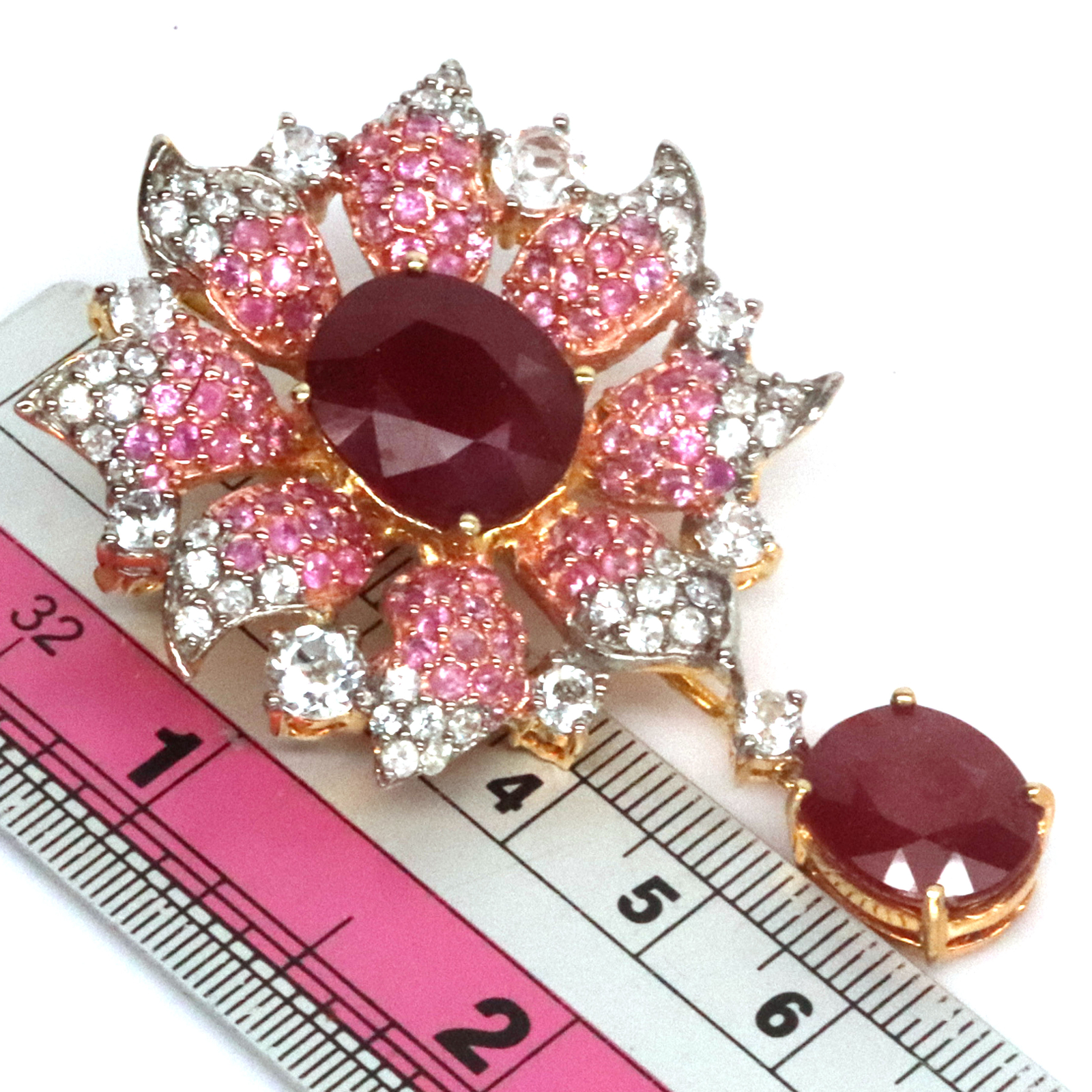 Gemstone 12 X 15 mm. Blood-Red Ruby Sapphire Topaz Zircon Brooch 925 Silver