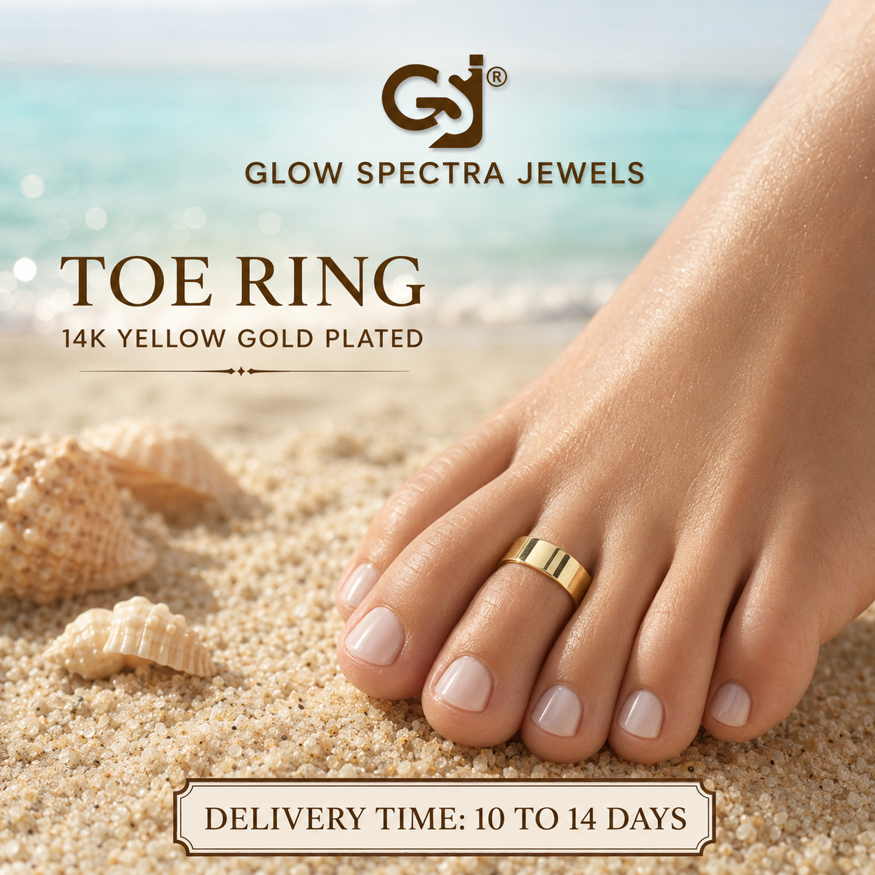 Solid Metal Adjustable Flat Women’s Valentine’s Toe Ring 14k Yellow Gold Plated