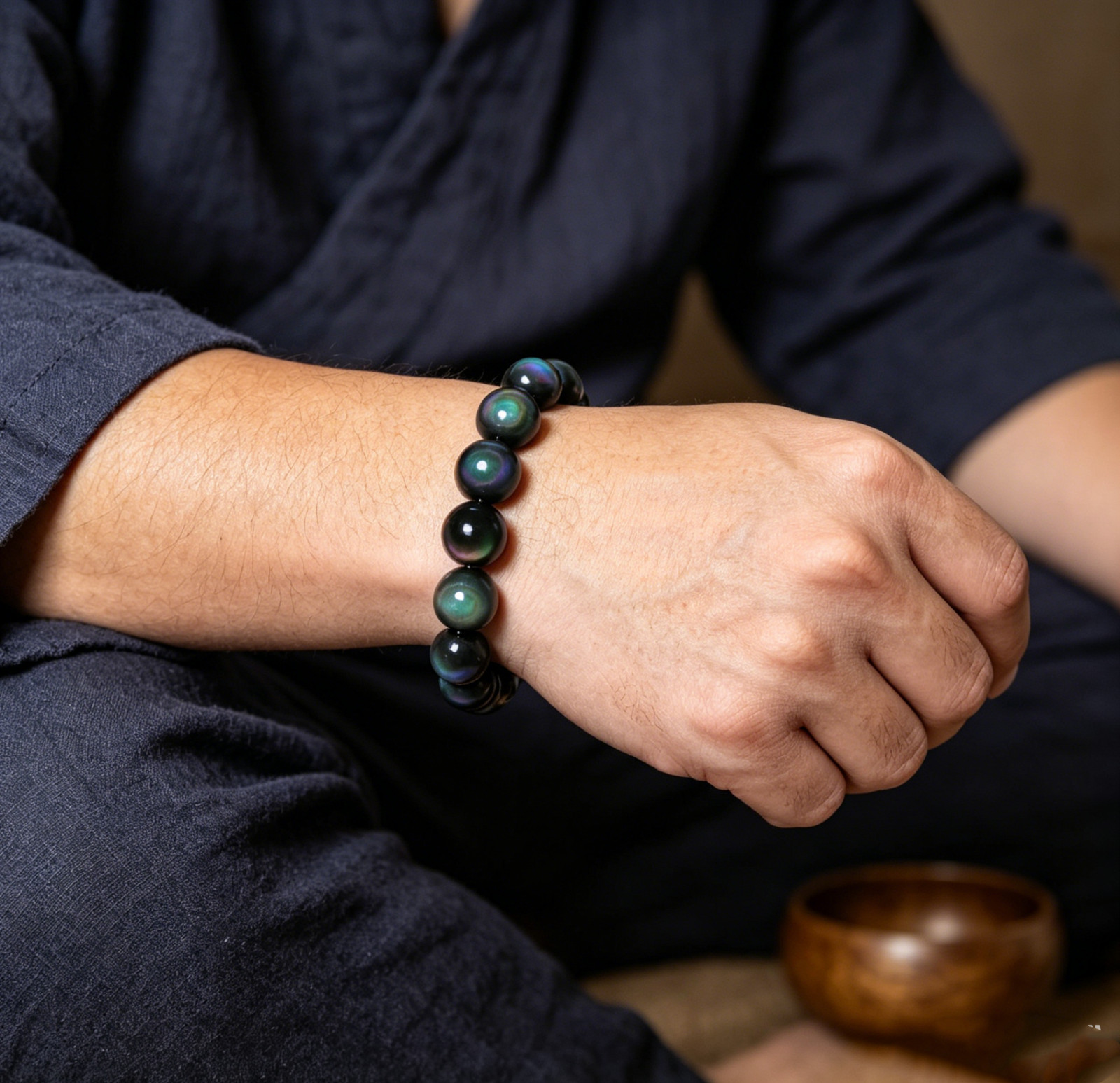 12mm Natural Rainbow Obsidian Beaded Stretch Bracelet Protection Grounding Gift