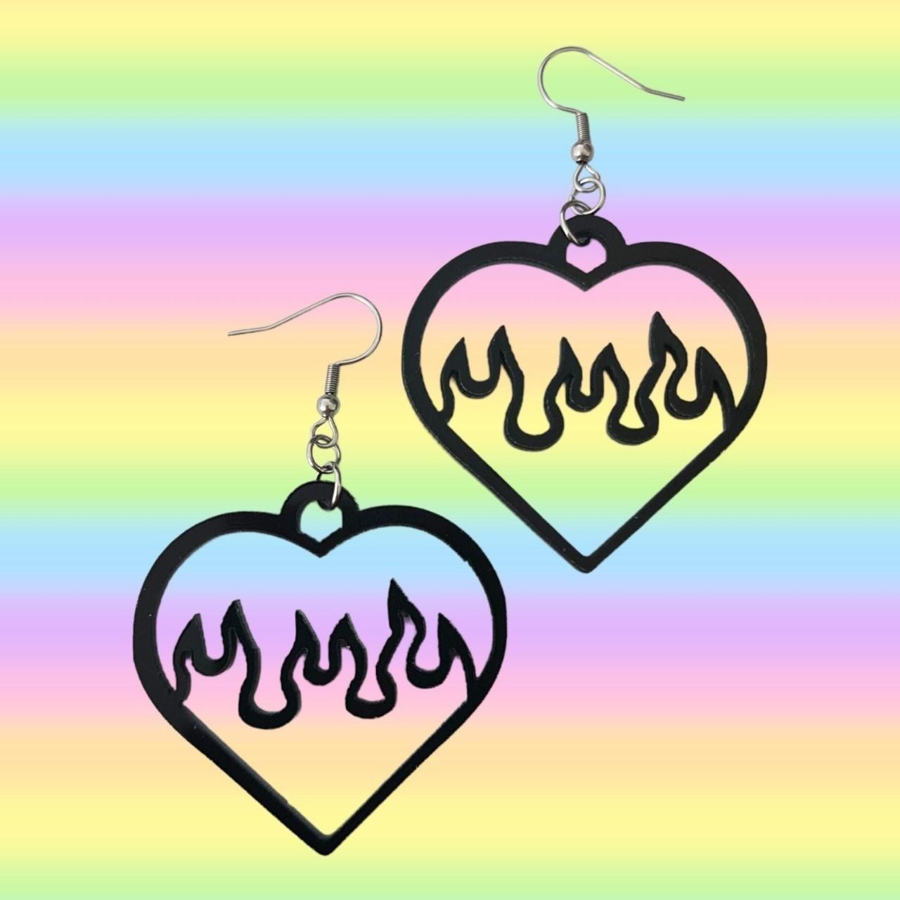 NEW Handmade Black Flaming Hearts Stainless Steel Earrings Cute Goth 1 Pair AU