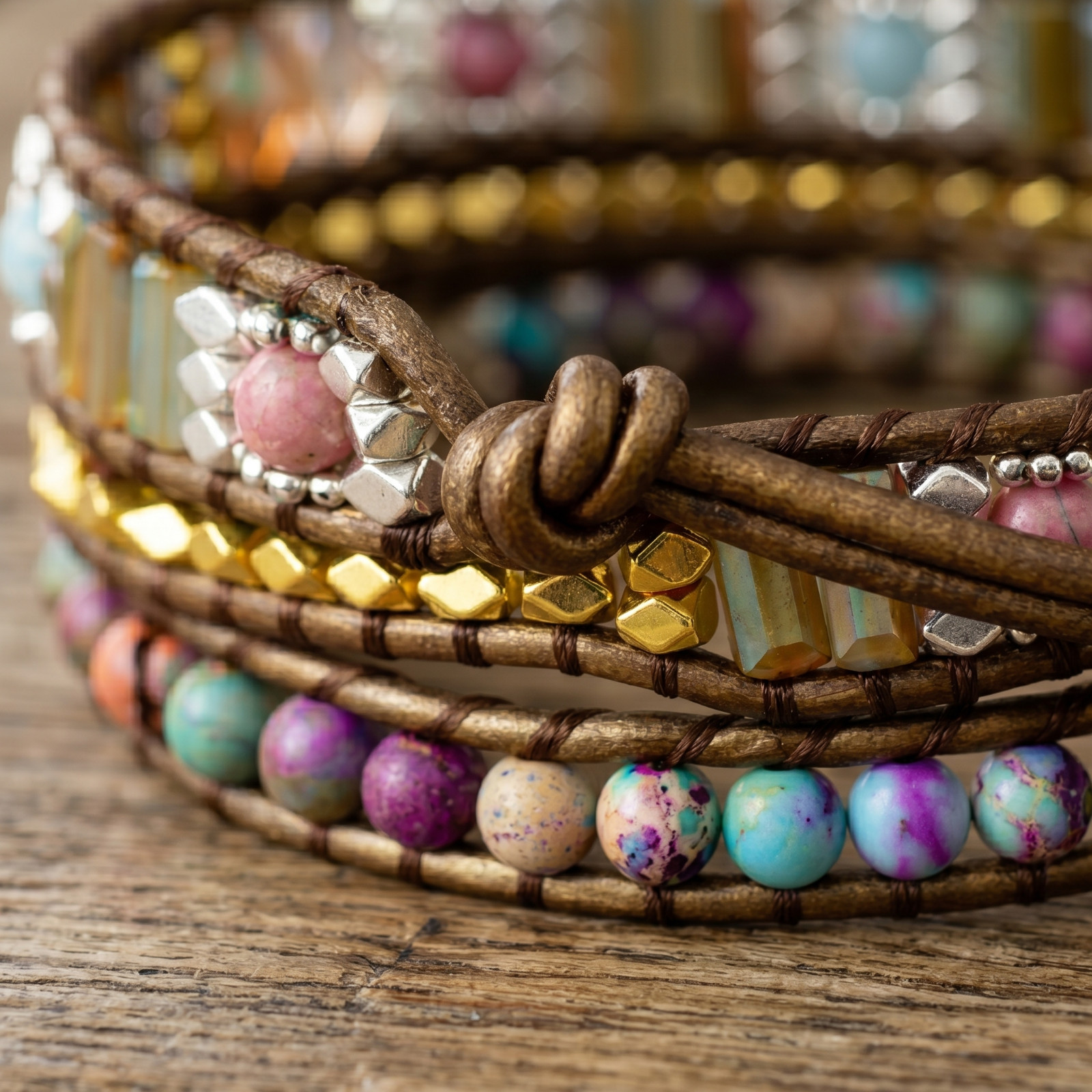 Natural Sea Sediment Jasper Leather Wrap Bracelet Handmade Beaded Cord Women’s