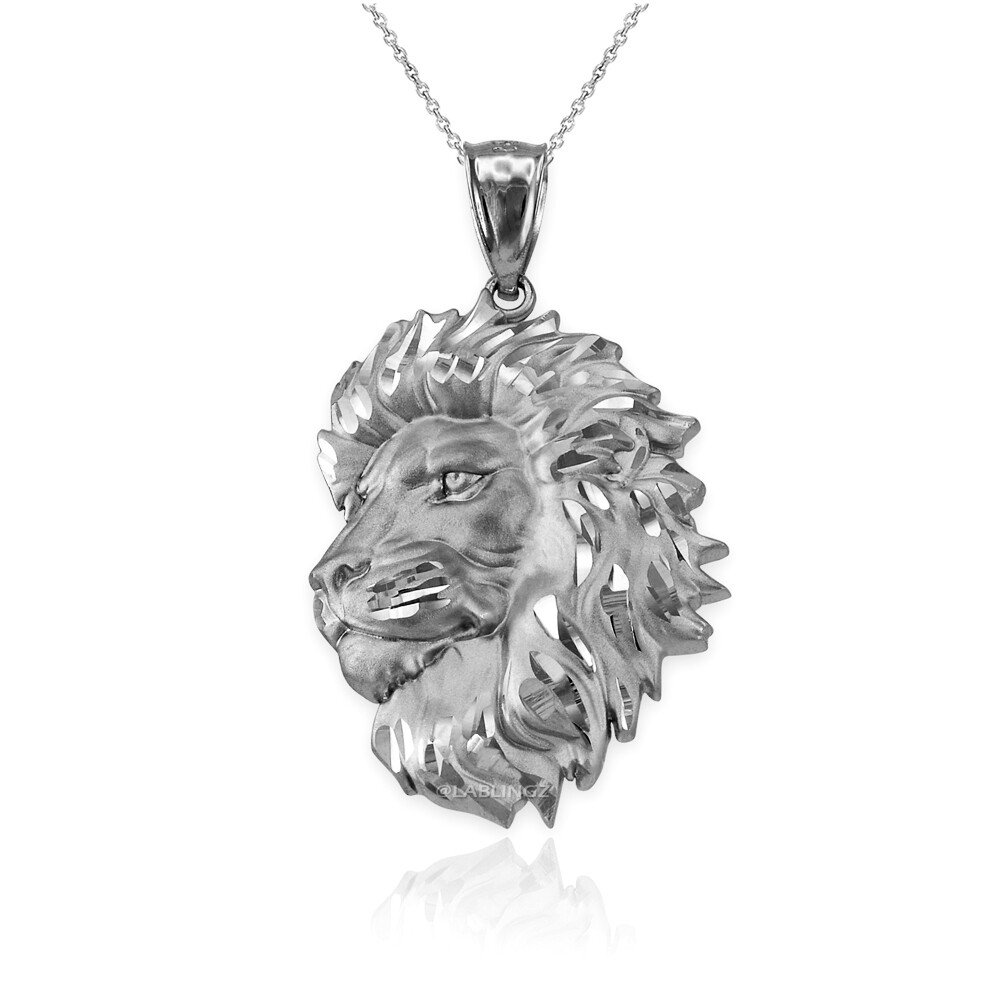 Sterling Silver Lion Face Sparkle Cut Pendant Necklace