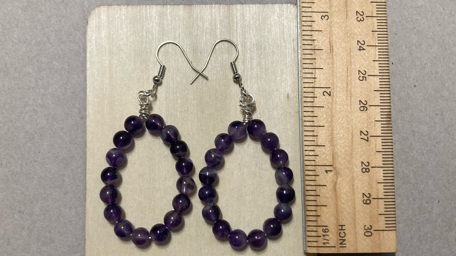 Purple Amethyst Oval Hoop Dangle Drop Bead Handmade Wire Wrap Earrings 2.5 Inch