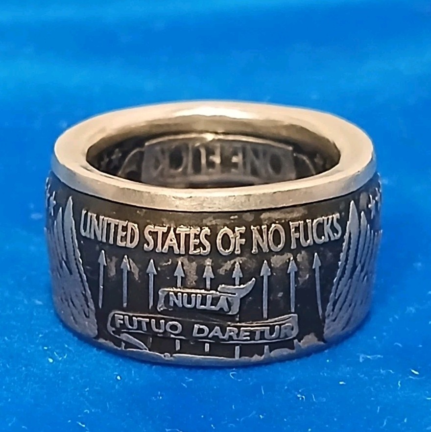Melted Down Nickel Zero F***s Coin Ring Biker Style Size 10 Nulla Futuo Daretur