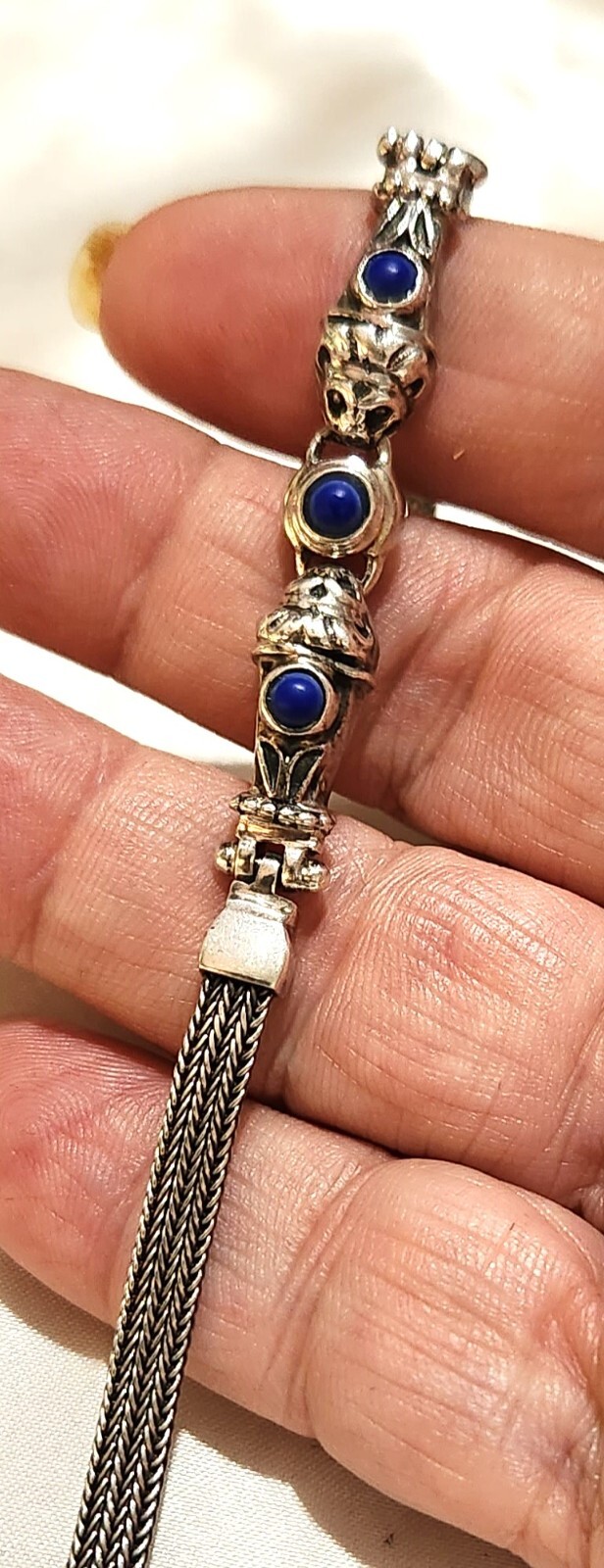 Sterling Silver Lapis Lazuli 3 Stone 4mm Wheat Chain 7 In Bracelet Signed OA 925
