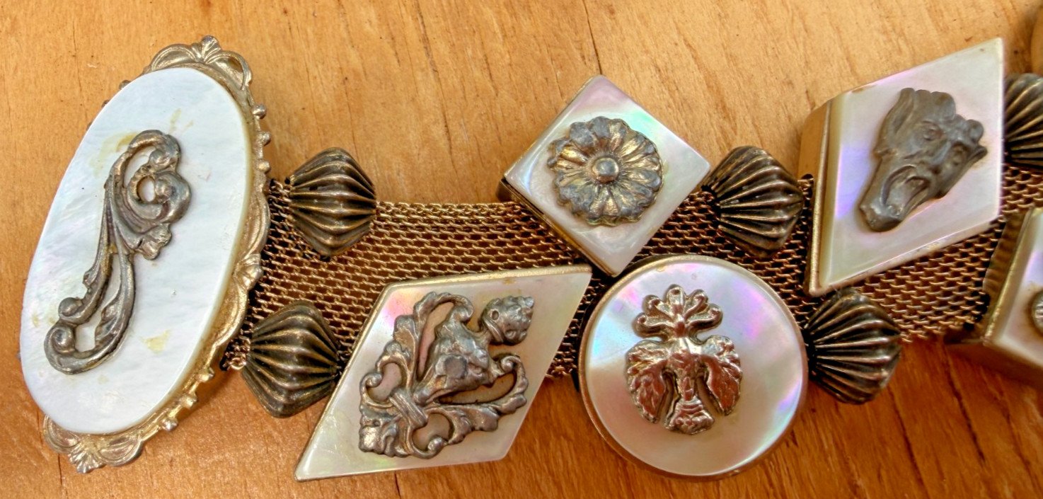 Vintage Mesh Sliding Charm Bracelet Abalone Mother of Pearl Pik NY Rare Unique!