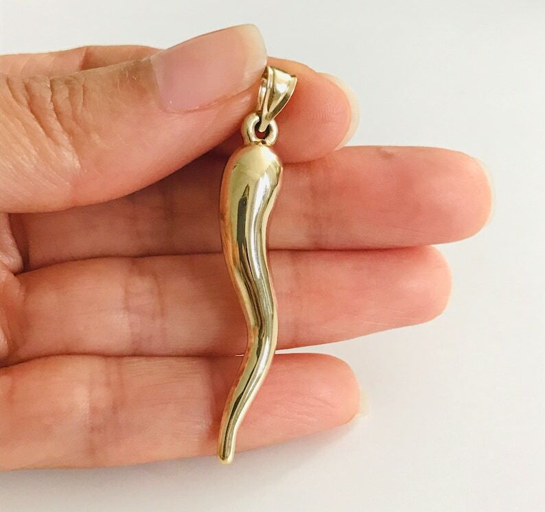 14K REAL GOLD ITALIAN HORN CORNICELLO CHARM 3D PENDANT 2″ LONG -14K6389