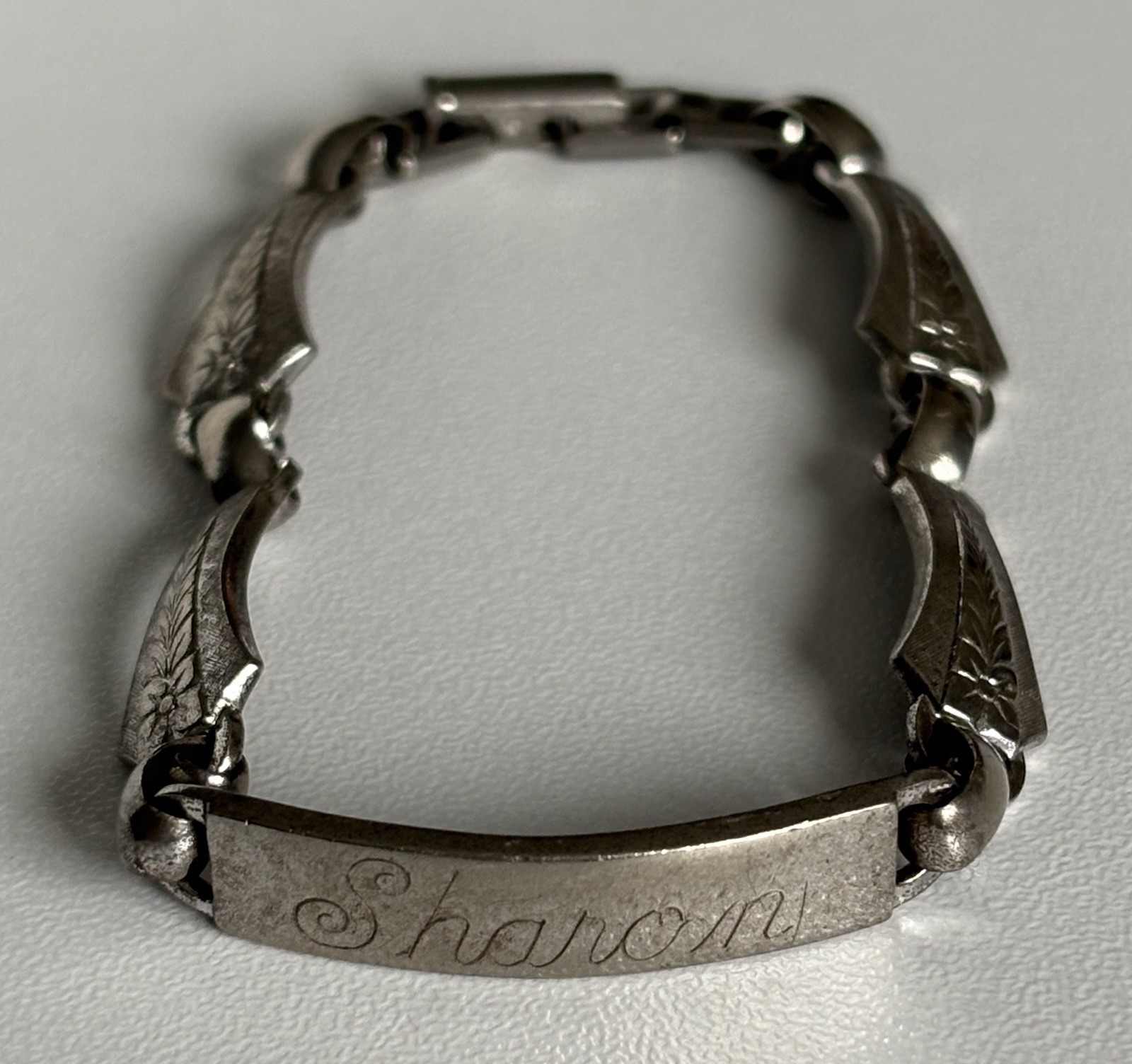 LA MODE Sterling Silver ID Bracelet 7” Floral Vintage Etched SHAROIN 13.58 Grams