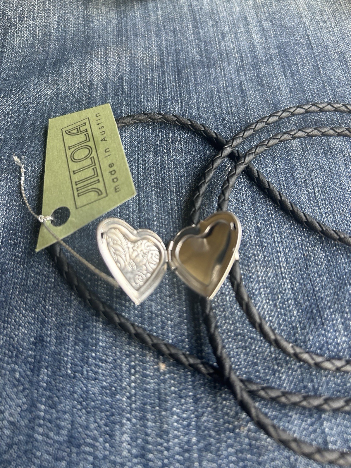 Silver Heart Locket Bolo Tie Black Leather Cord Handmade FREE SHIPPING