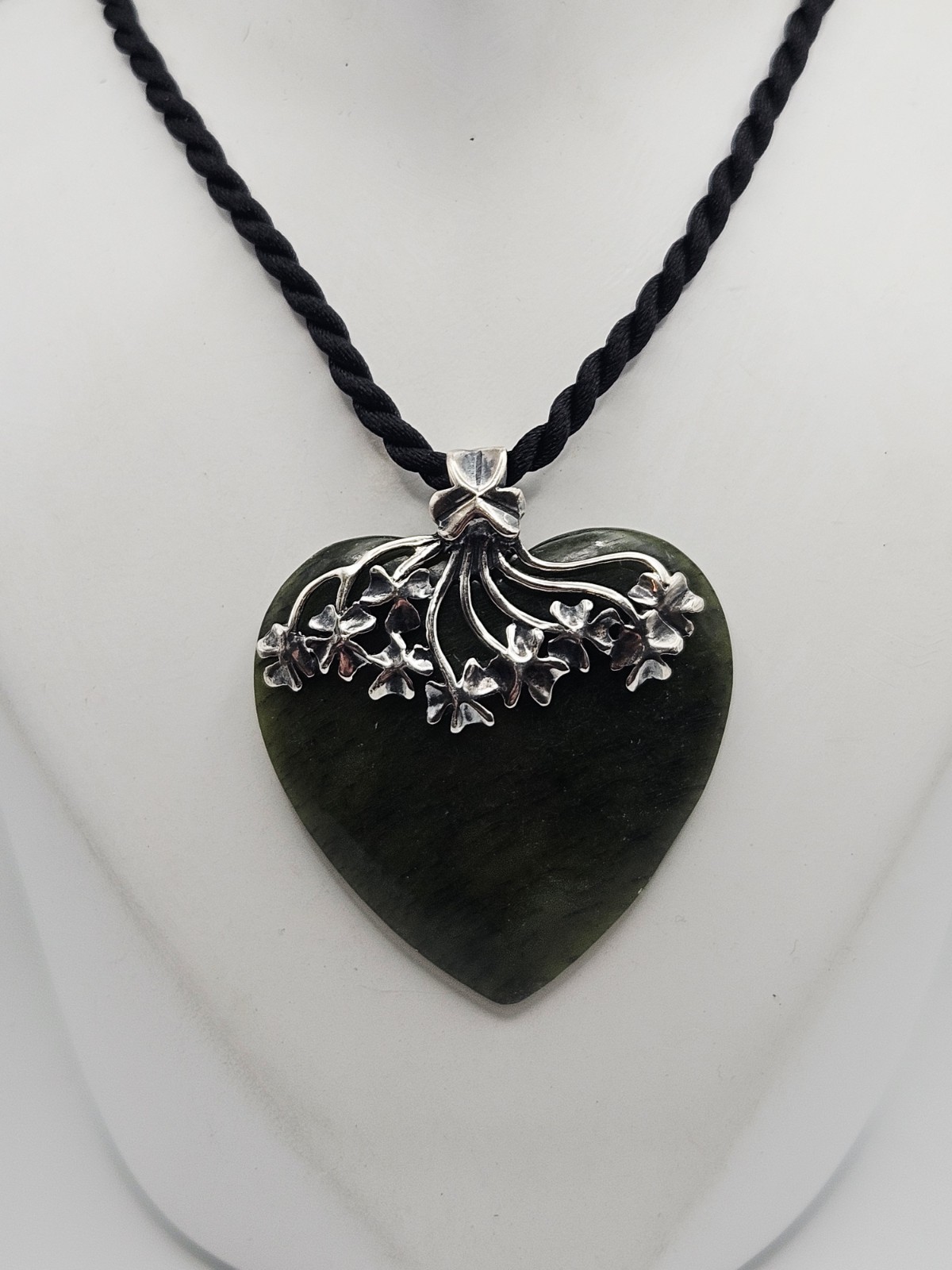 Sterling Silver Irish Connemara Marble Heart & Clover Bail Pendant Necklace 18″