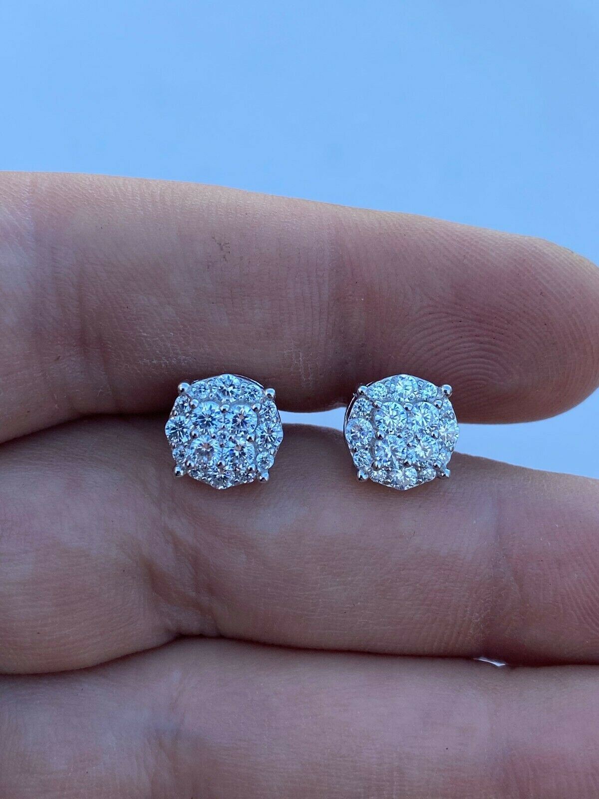 Real Solid 925 Silver Iced Simulated Diamonds Earrings 1/3″ Cluster Round Studs