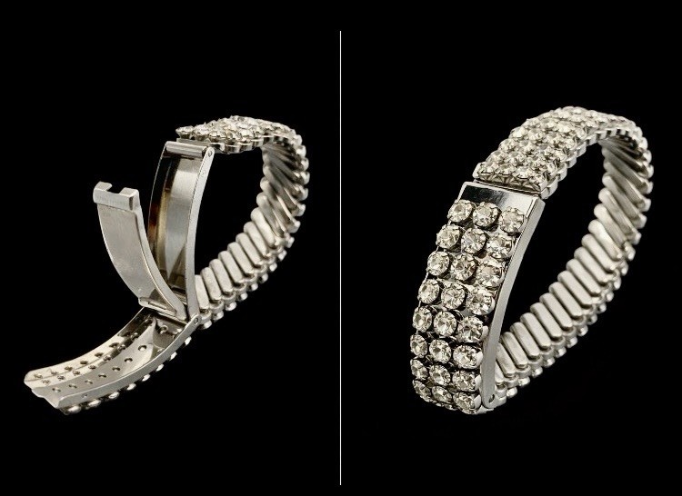 Vintage Silver-Tone & Rhinestone Hidden Photo ID Bracelet~1950s-60s