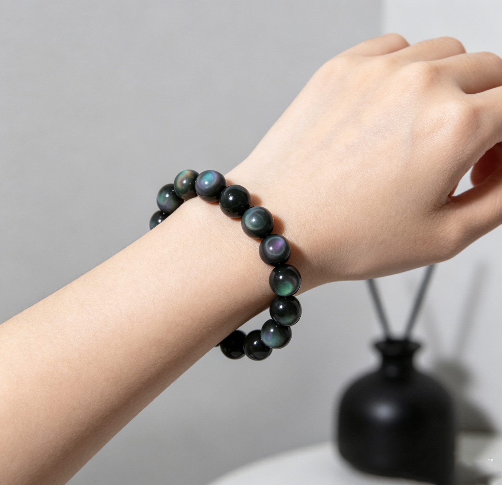 12mm Natural Rainbow Obsidian Beaded Stretch Bracelet Protection Grounding Gift