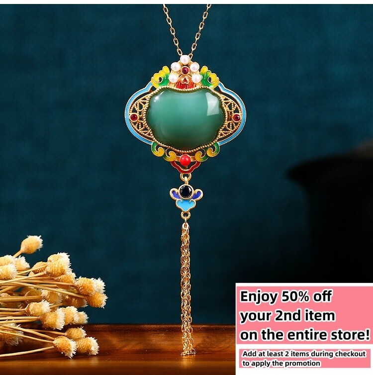Jade Enamel Pendant Necklace Charm 18K Gold Plated Flower Retro Dainty Gemstone