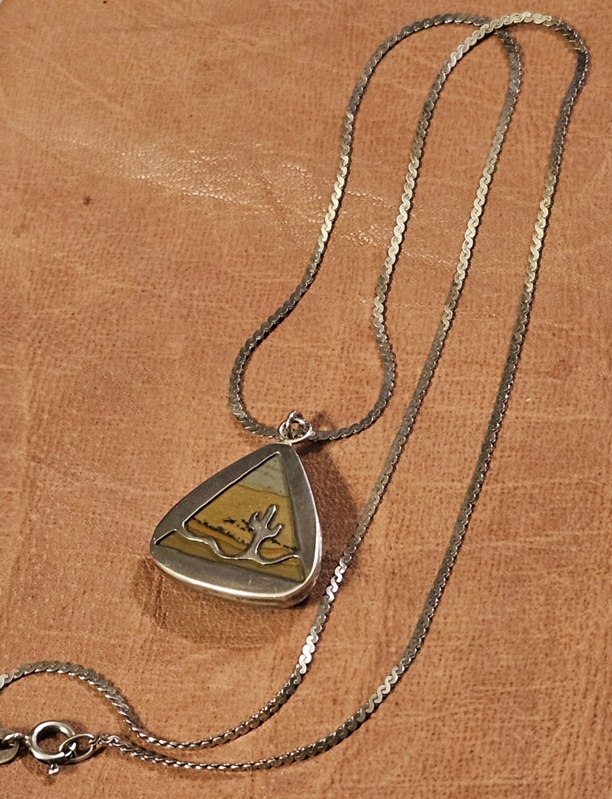 Vintage Picture Jasper Desert Scene Cactus 1″ Pendant Sterling 17″ Necklace