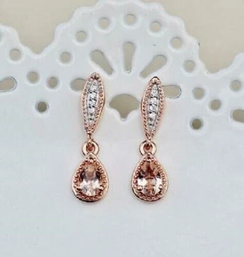 2Ct Pear Lab Created Morganite Women Drop & Dangle Earrings 14k Rose Gold Plated
