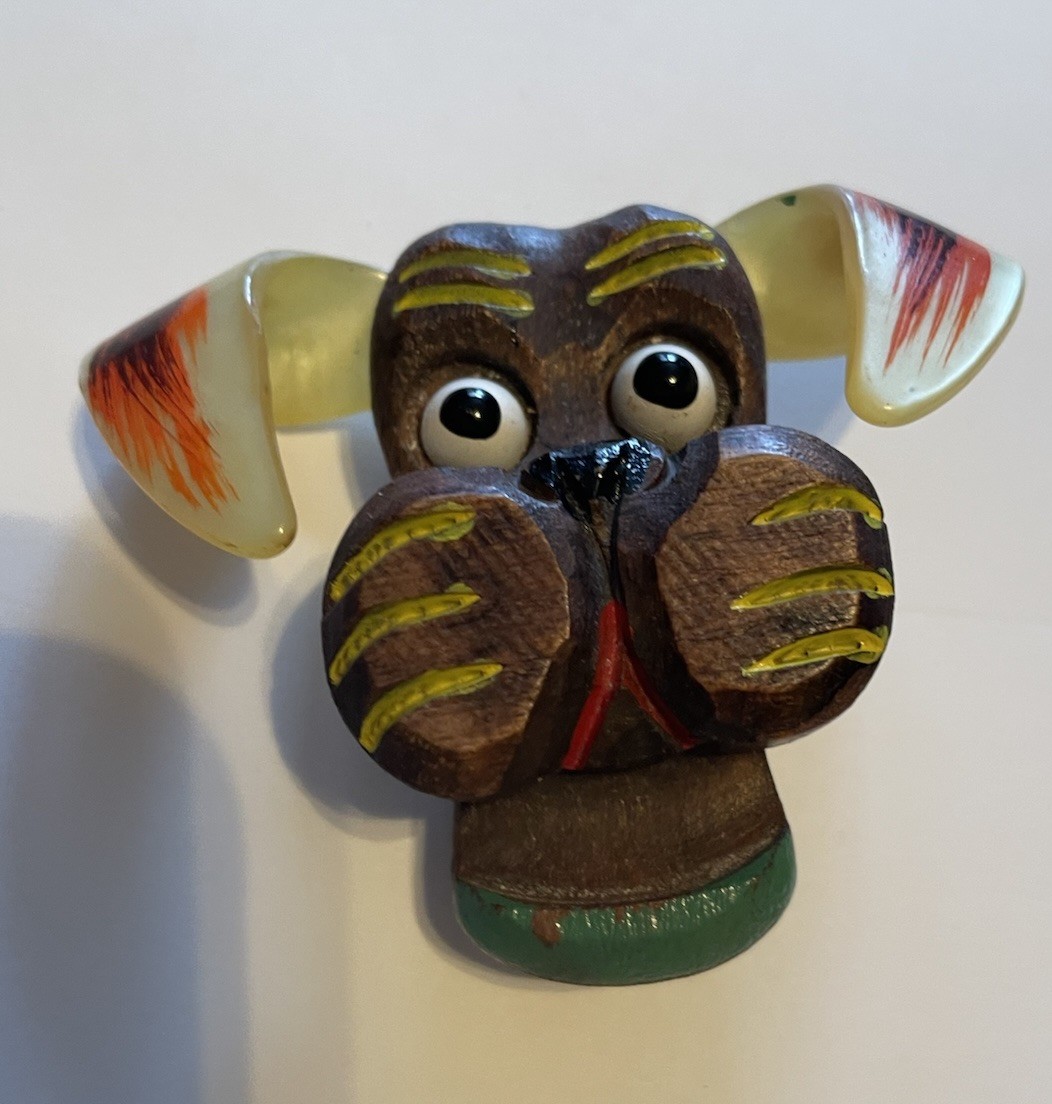 Vintage Dog Face Brooch Pin Brown Yellow Green Orange Google Eyes Celluloid Ears