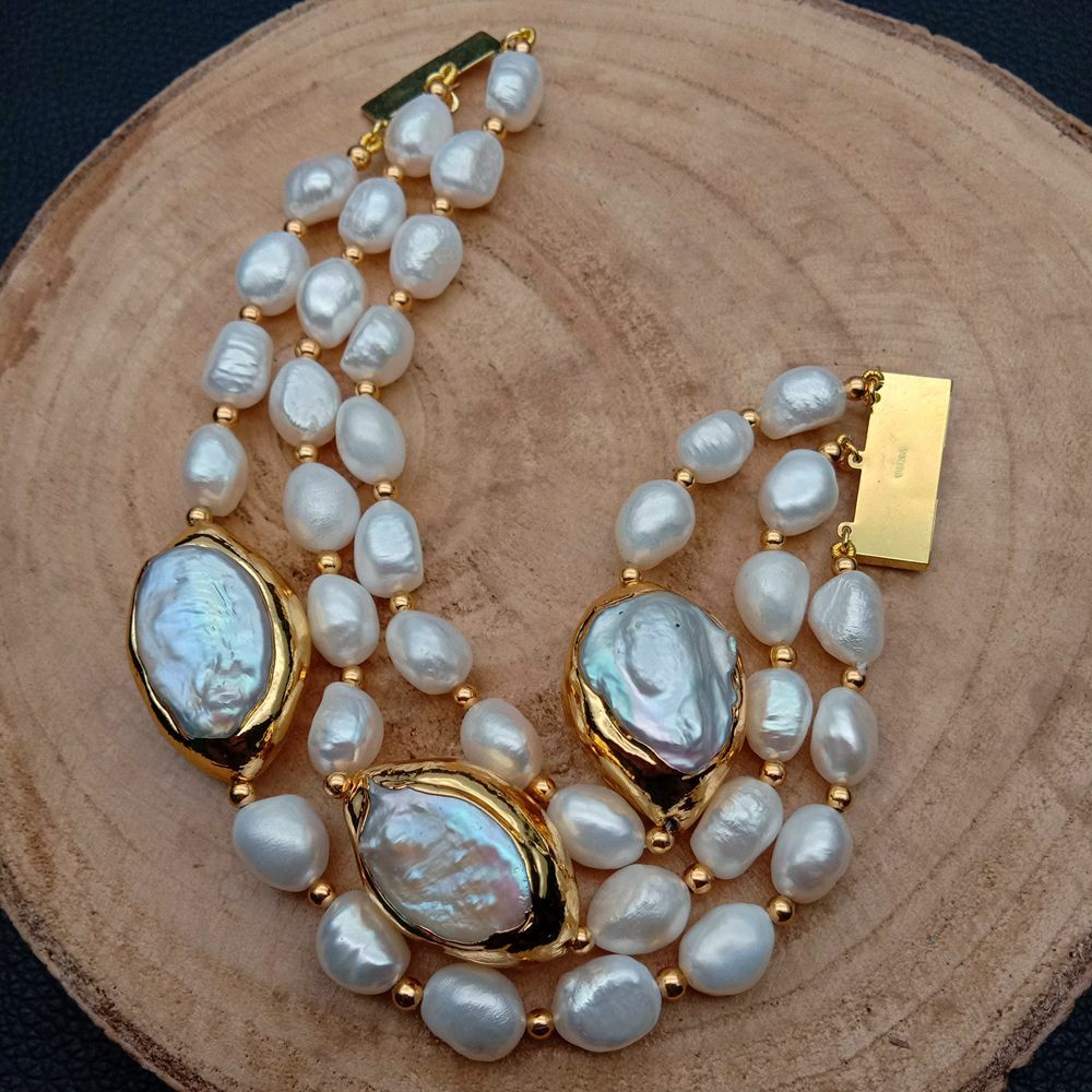 8” 3 Rows Cultured White Baroque Pearl White Keshi Pearl Bracelet