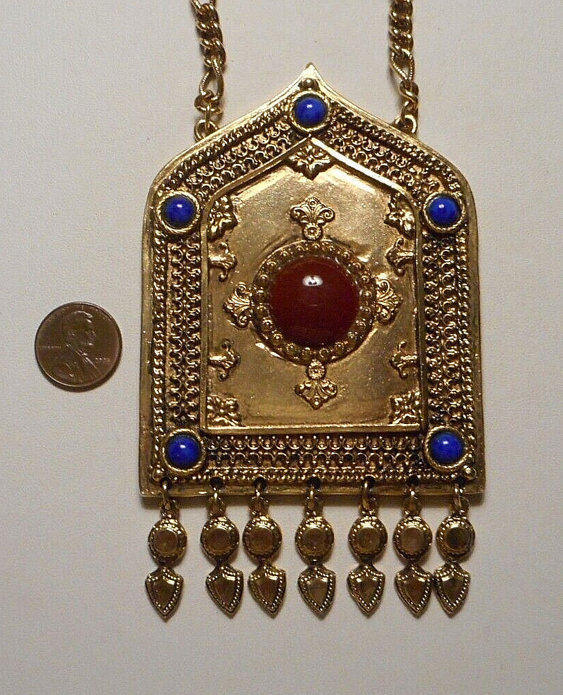 Accessocraft NYC Large Ethnic Cabochon Jeweled Pendant Necklace w Side Chains