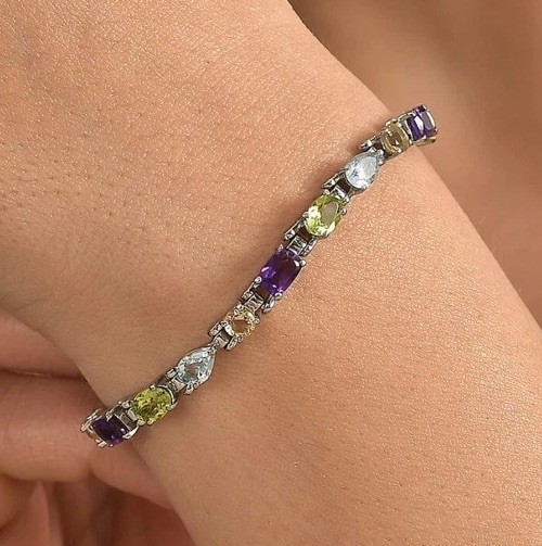 Multi Gemstone 8.90 ctw Cascade Bracelet in Stainless Steel 6.50-8.0In
