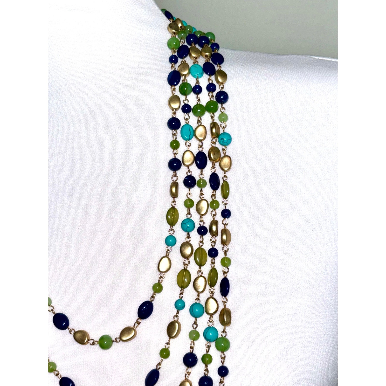 Vintage Multistrand Beaded Statement Necklace – Blue Green Gold