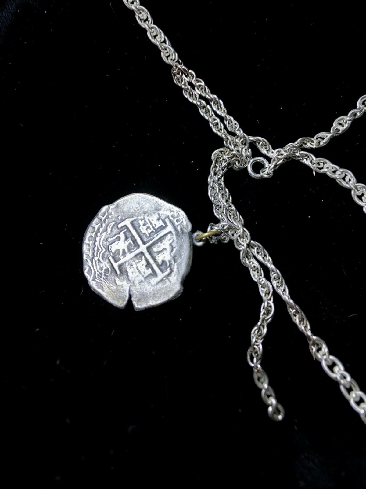 Sterling Silver Atocha Shipwreck Replica Coin Pendant 3mm Rope Chain 30g Estate
