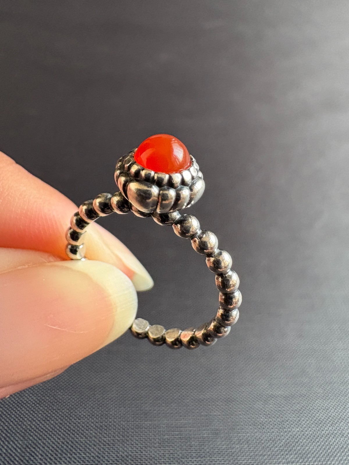 925 Sterling Silver Beaded Band Orange Carnelian Ring Size 5.5 US