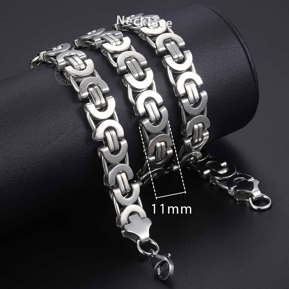11mm Men’s Flat Byzantine Chain Necklace Bracelet Set Stainless Steel Chain