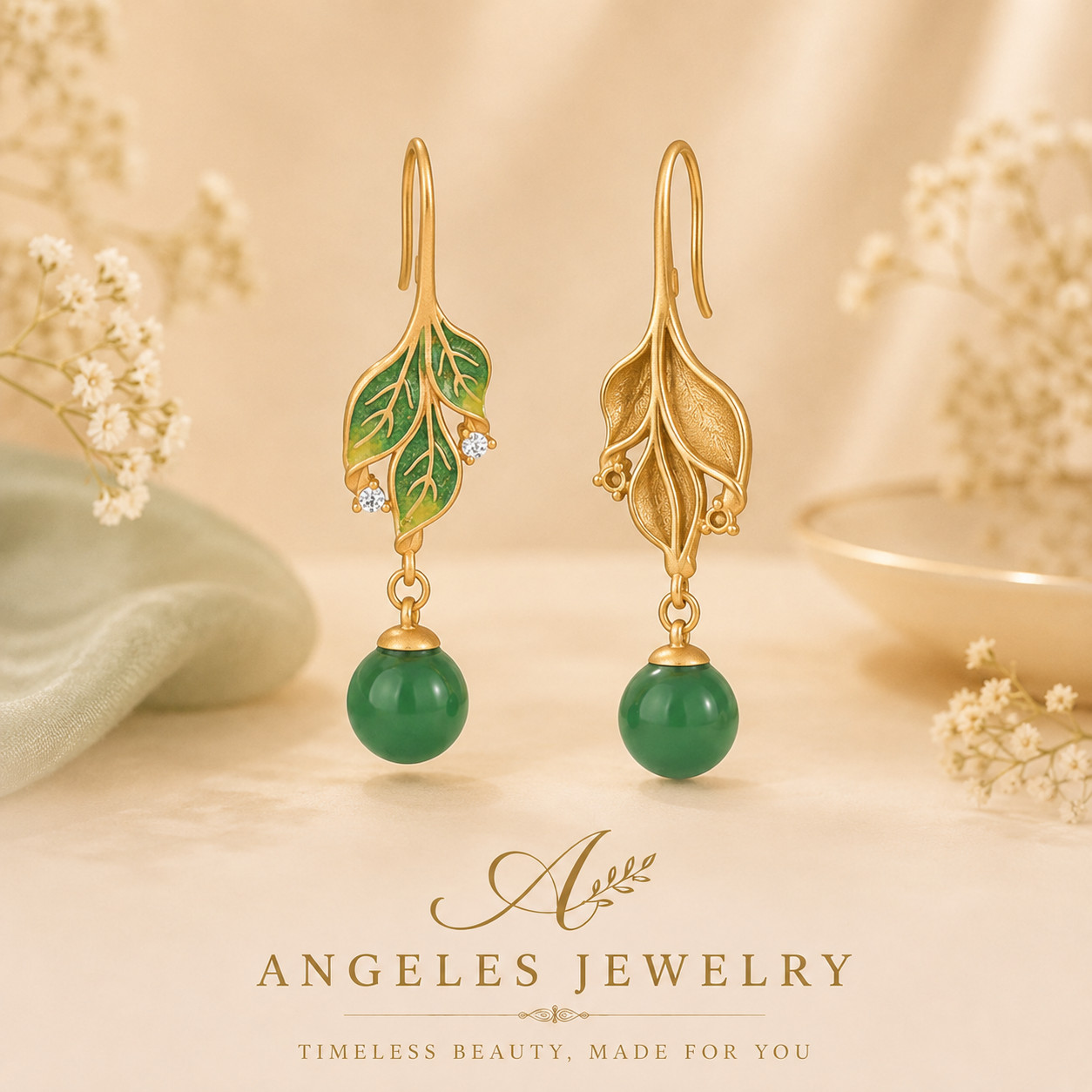 Green Jade Drop Dangle Earrings Boho Gemstone Leaf Design Hook 18K Gold Plated