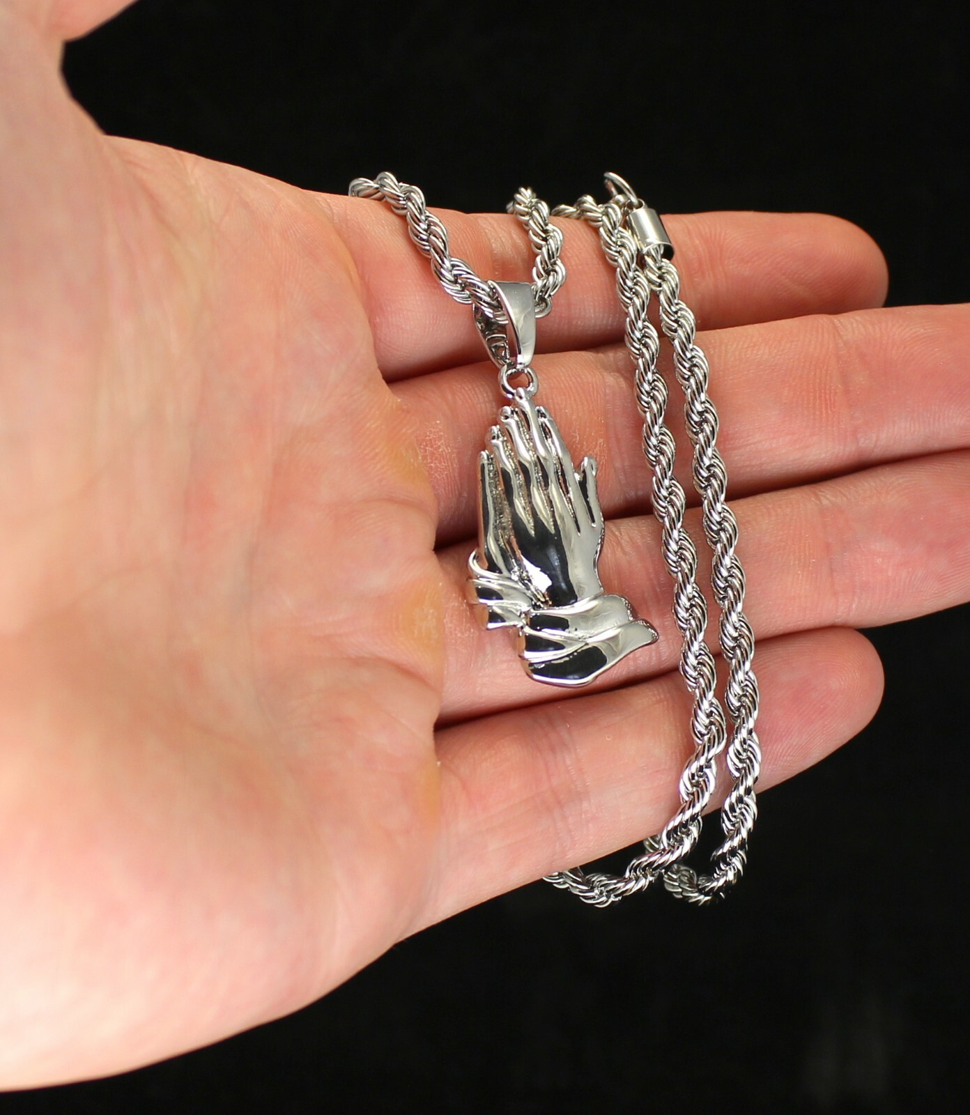 Silver Plated Praying Hands Pendant 24″ Rope Chain Hip Hop Necklace