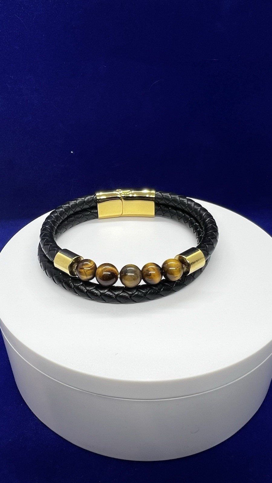 Black Braided Leather Bracelet Tiger’s Eye Brown Round Beads 5 Magnetic Clasp