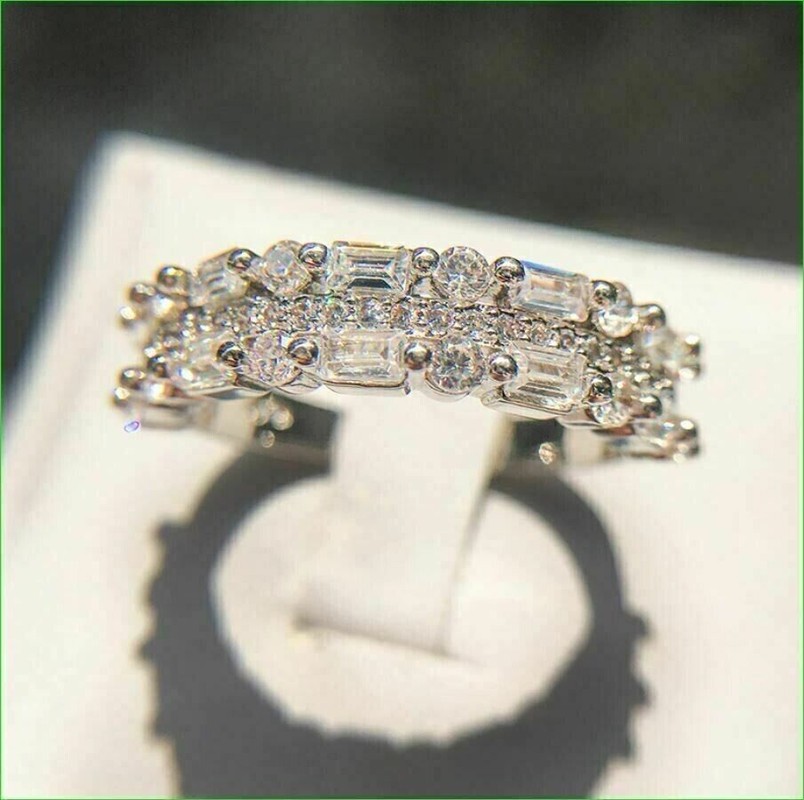 5.10 Ct Round & Baguette Cut Moissanite Band Ring 14K White Gold Over