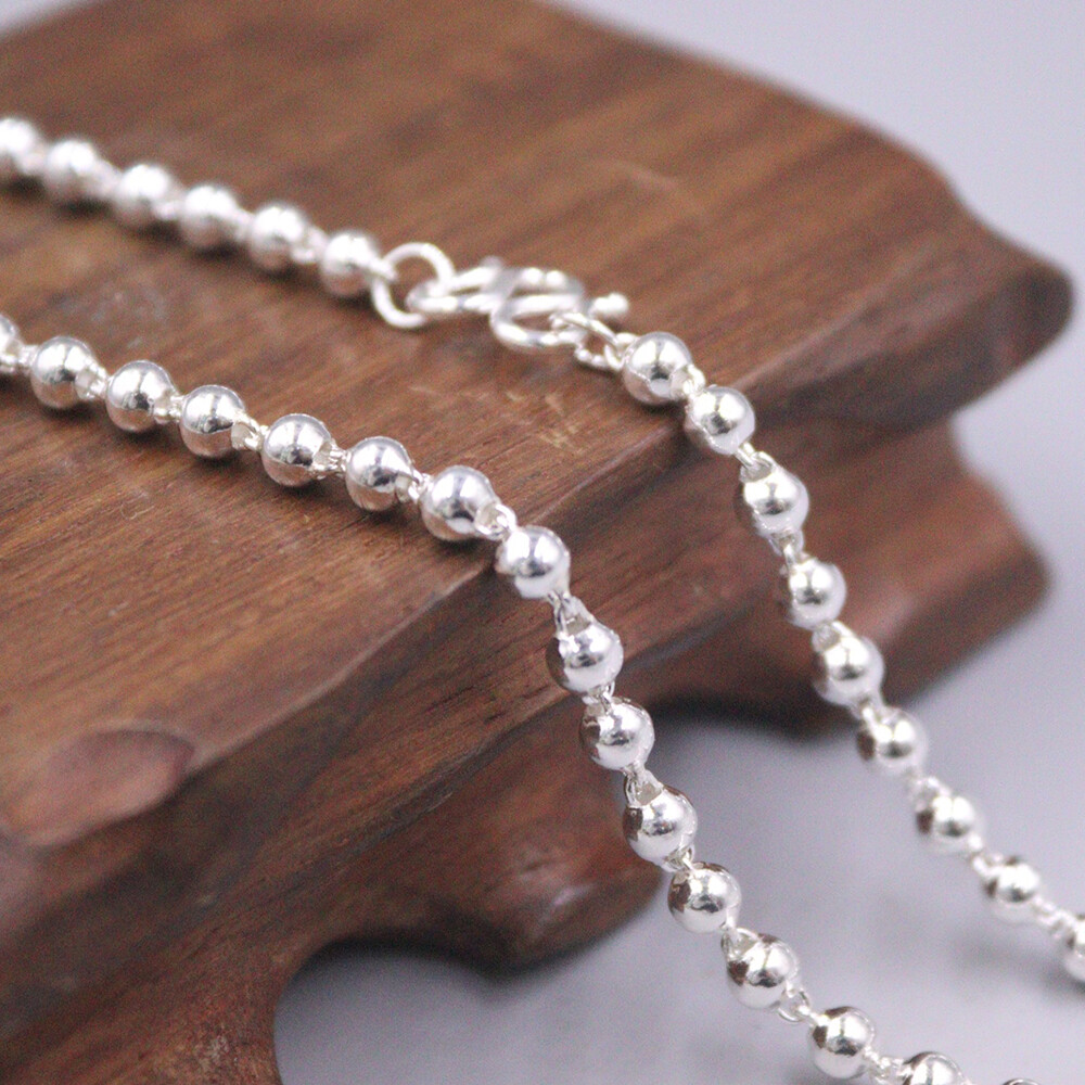 Real 999 Pure Silver Necklace Men Women 3mm Polish Beaded Link Chain 16.9inchL
