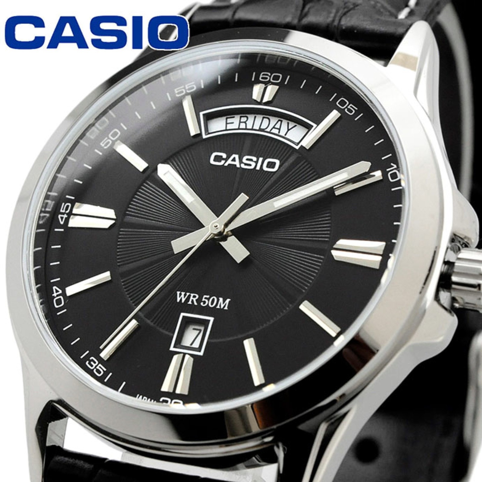 CASIO MTP-1381L-1AV Men Watch Black Leather Band Silver Case Day Date Direct Jap