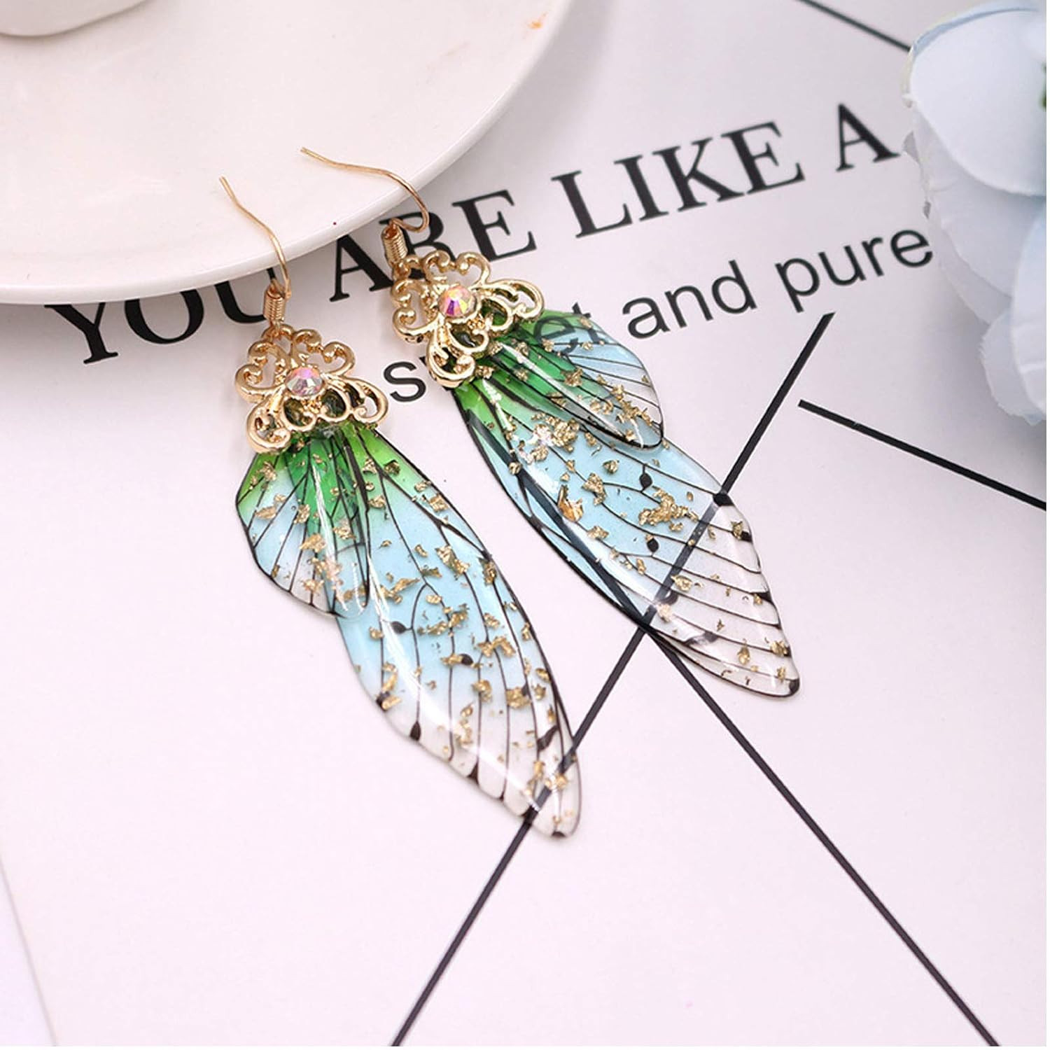 Butterfly Wing Drop Dangle Earrings Gold Plated Crystal Rhinestone for Women Wed