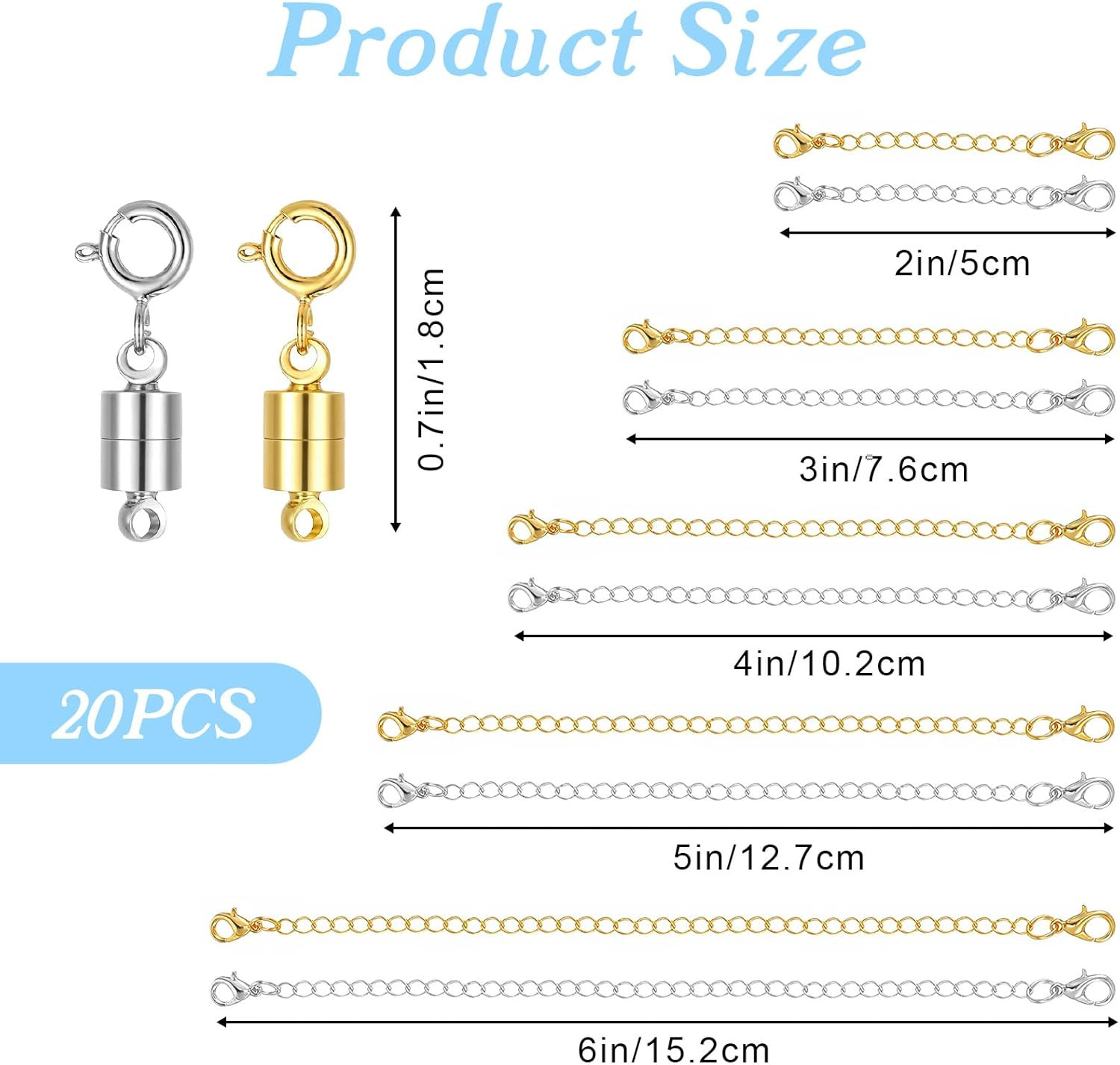 20pcs Necklace Extender & Magnetic Clasp Set Gold and Silver Chain Extenders wi