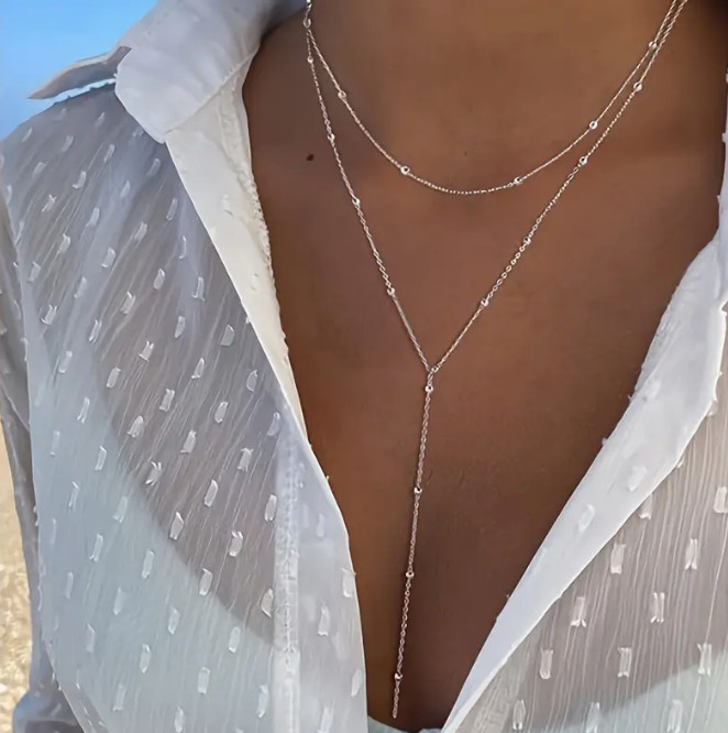 Dainty Lariat Necklace Choker Beaded Station Layered Y Drop Tassel Chain Sparkle
