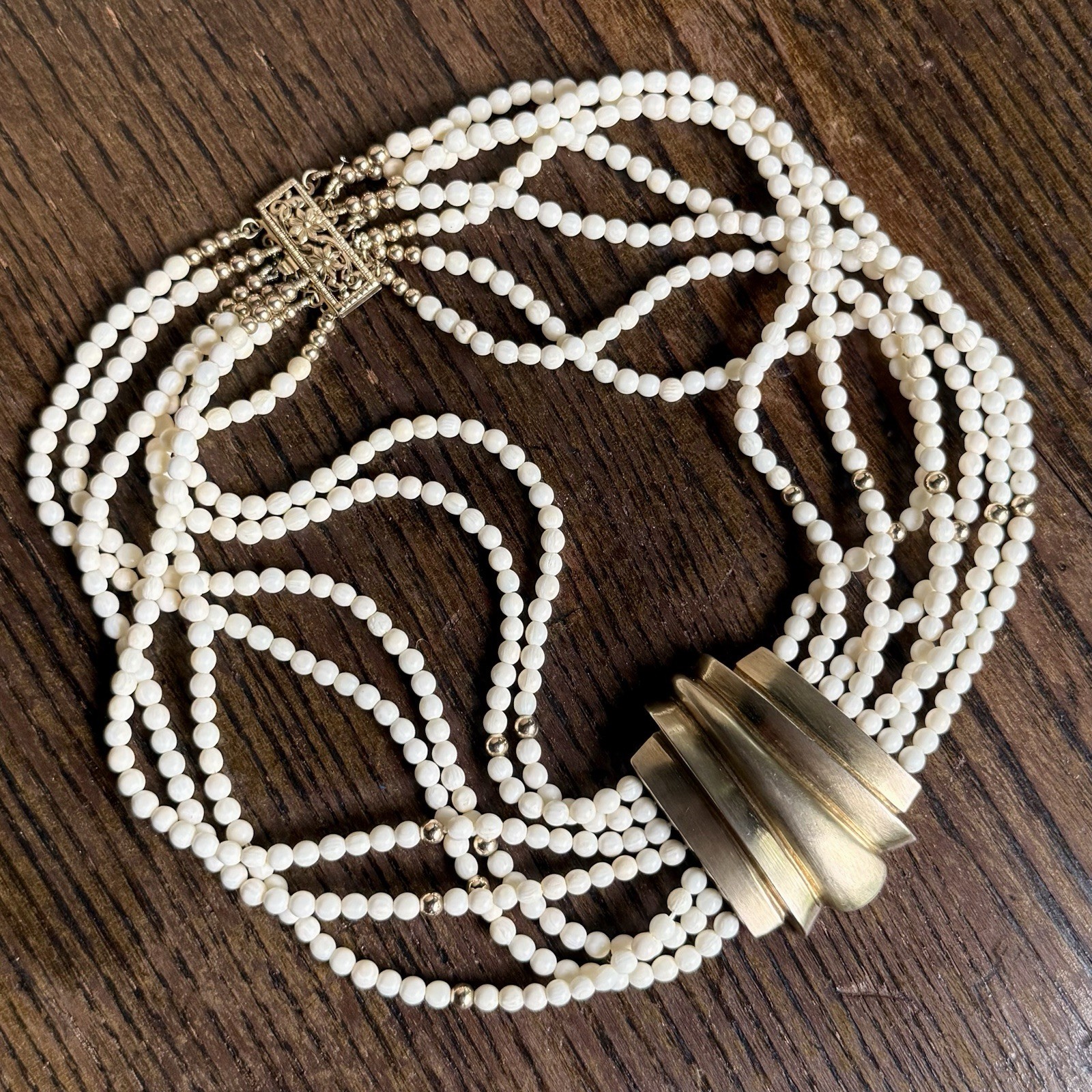 Vintage Gilt Sterling Bone Bead Multi Strand Modernist Necklace